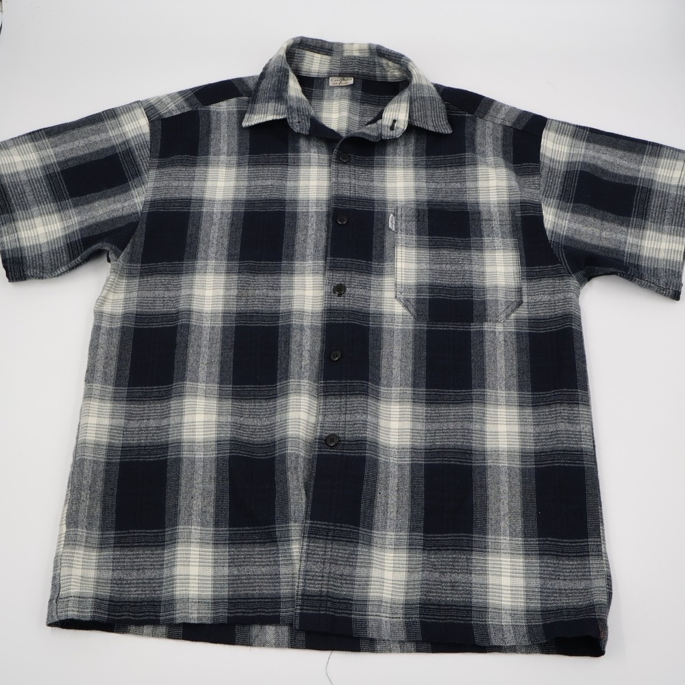 CalTop Plaid Button Down Shirt Mens Large Navy Blue Short Sleeve Made in USA Y2K